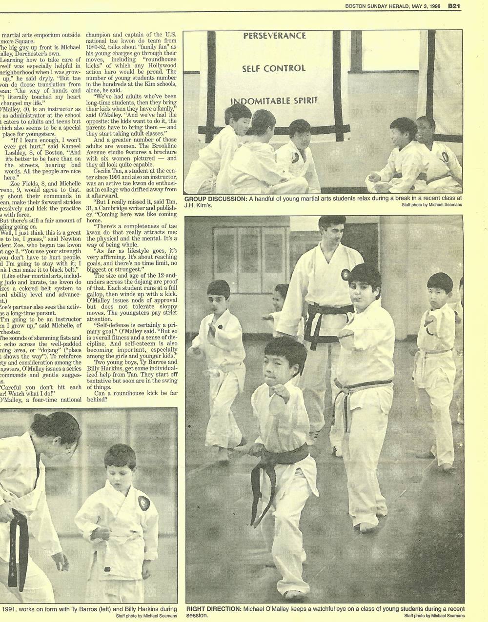 Clipping from the Boston Sunday Herald, 3 May 1998, page B21, featuring Michael O&rsquo;Malley teaching at the Jae Hun Kim Taekwon-Do Institute.
